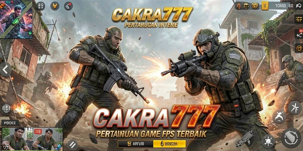 Screenshot gameplay <strong>CAKRA777</strong> yang menunjukkan aksi tembak-menembak yang intens.