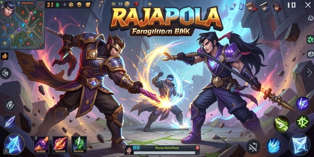 Tampilan gameplay menarik dalam RAJAPOLA, menunjukkan aksi seru di arena MOBA.