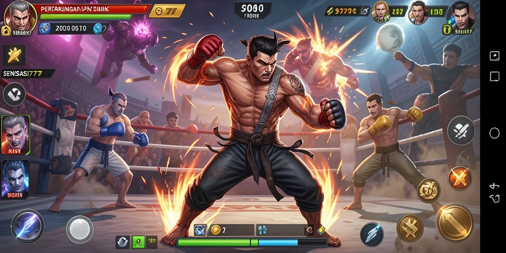 Gameplay SENSASI777 yang mendebarkan dan penuh aksi dengan karakter bertarung.