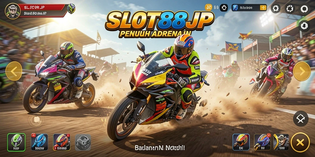 Tampilan gameplay balapan motor yang mendebarkan di SLOT88JP.